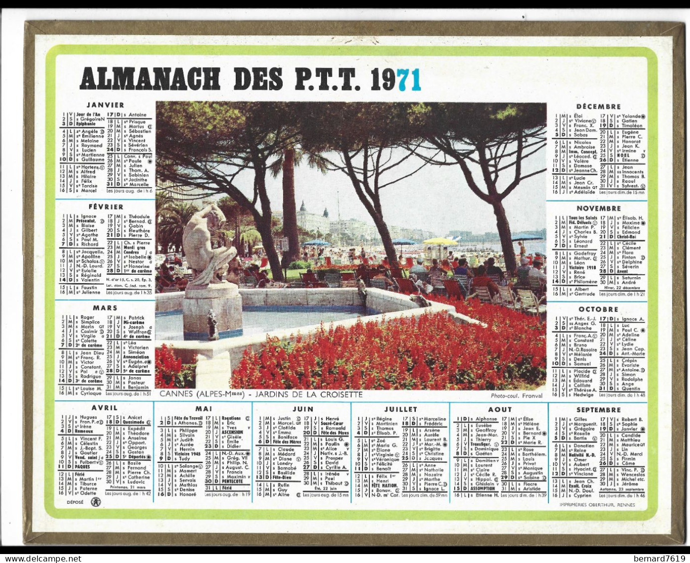 Almanach  Calendrier  P.T.T  -  La Poste -  1971 - Cannes Jardins De La Croisette - Grand Format : 1971-80