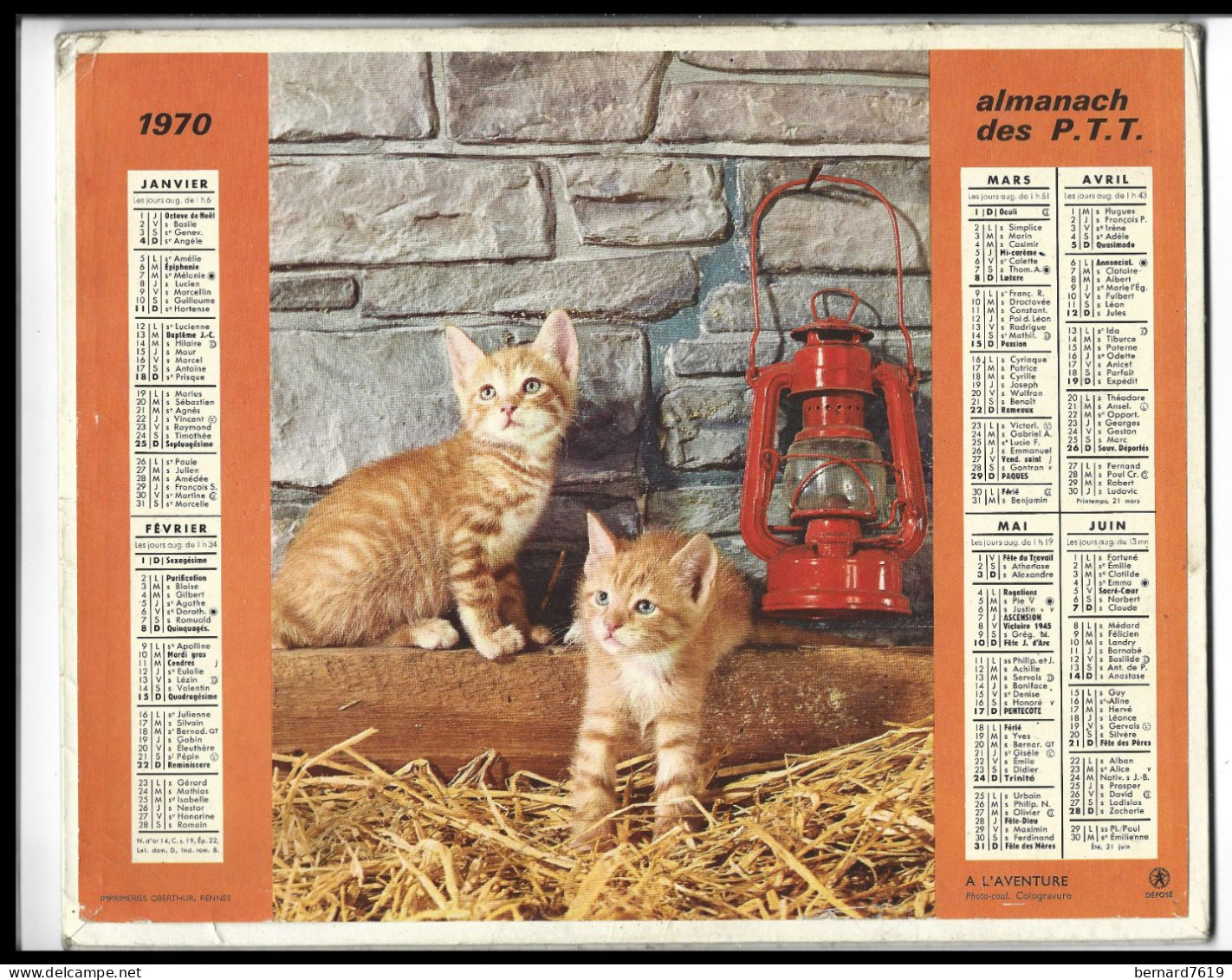 Almanach  Calendrier  P.T.T  -  La Poste -  1970 - Chats - Chiens - Grand Format : 1961-70