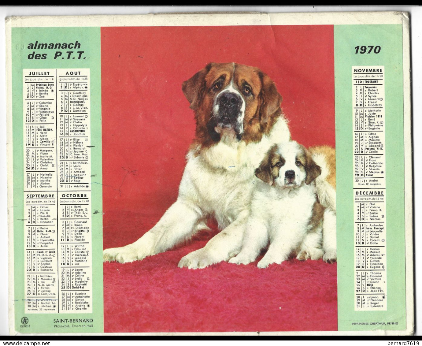 Almanach  Calendrier  P.T.T  -  La Poste -  1970 - Chats - Chiens - Grand Format : 1961-70