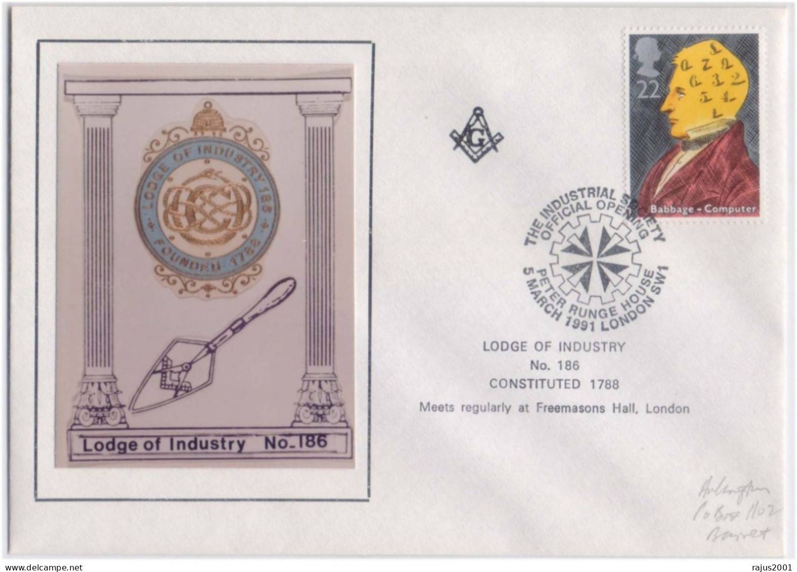 Masonic Lodge Of Industry, Lodge No.186, Trowel, Trovel Freemasonry Masonic, Britain FDC 1991 - Vrijmetselarij