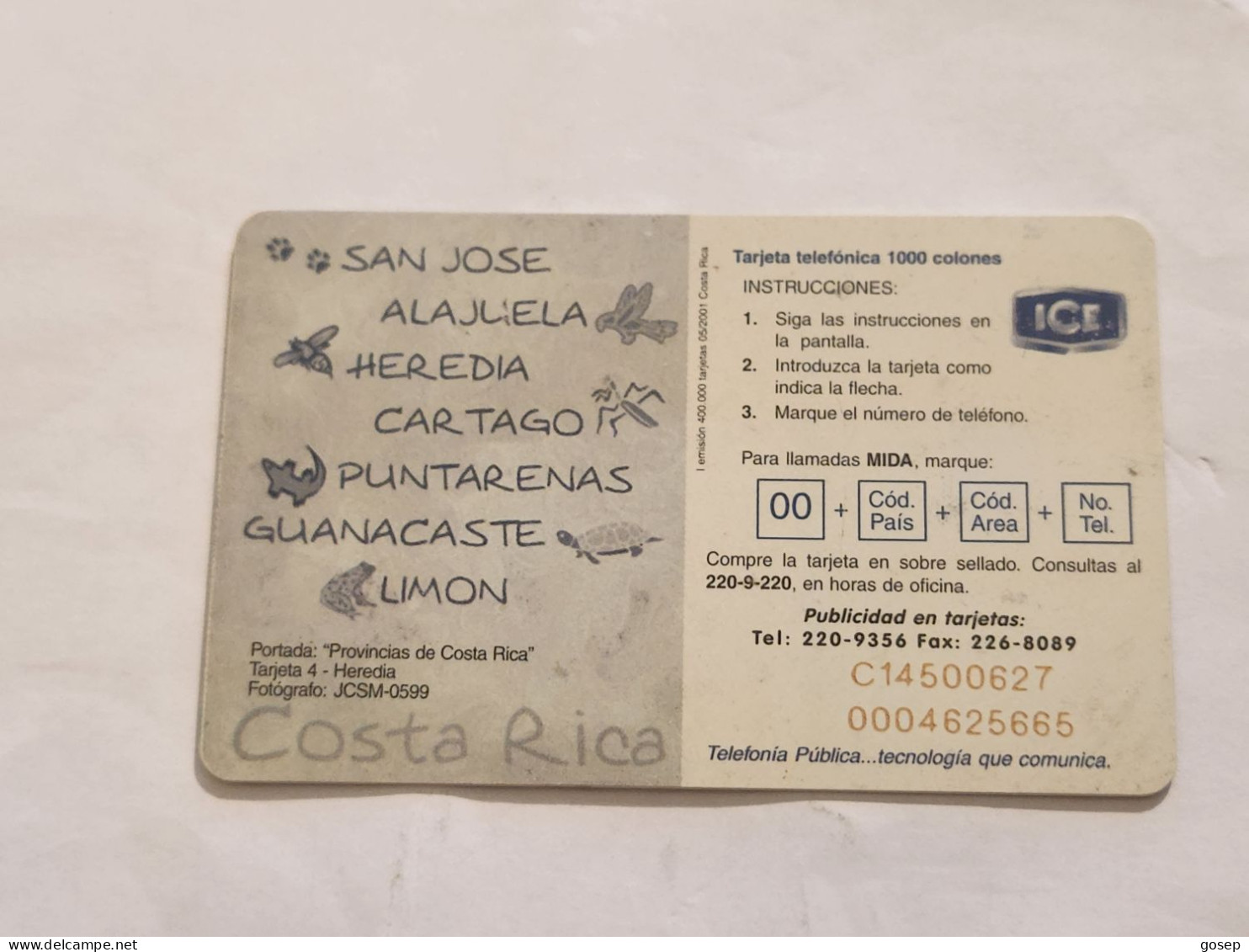 COSTA RICA-(CR-ICE-CHP-0055)-Heredia-(I Emisión)-(79)-(C145000627A)(tirage-400.000)used Card+1card Prepiad - Costa Rica