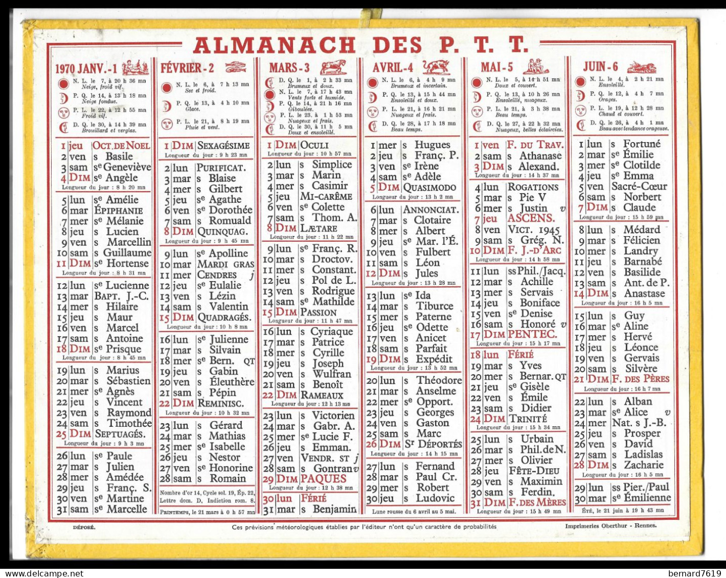 Almanach  Calendrier  P.T.T  -  La Poste -  1970 - - Grand Format : 1961-70