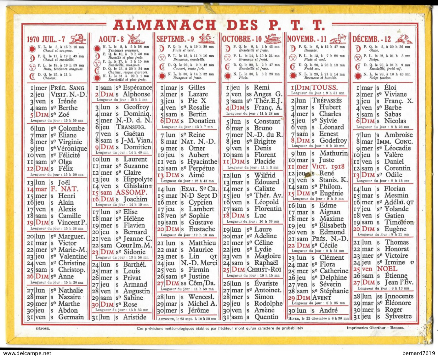 Almanach  Calendrier  P.T.T  -  La Poste -  1970 - - Big : 1961-70