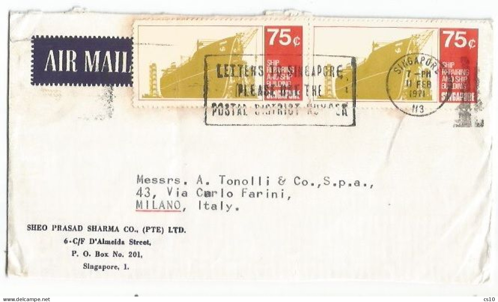 Singapore Commerce Airmail Cover 11feb1971 X Italy With SCARCE FRANKING Ship Building C.75 In Pair - Singapur (...-1959)