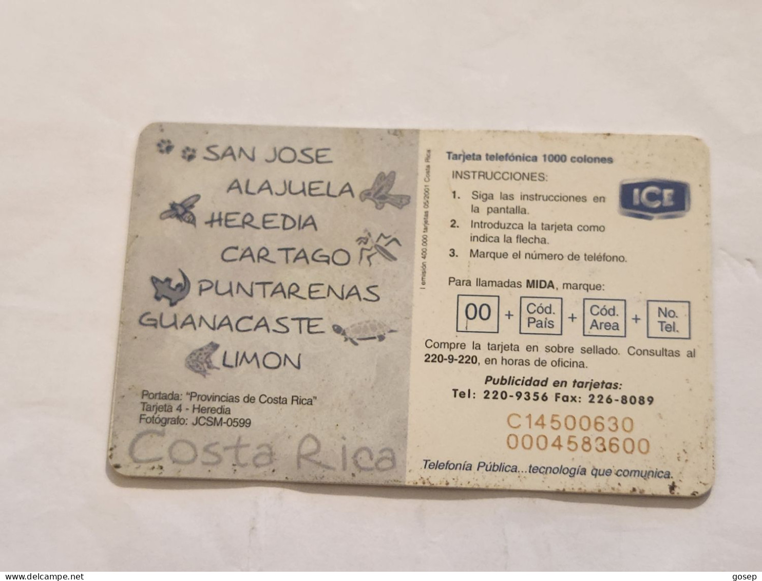 COSTA RICA-(CR-ICE-CHP-0055)-Heredia-(I Emisión)-(81)-(C145000630)(tirage-400.000)used Card+1card Prepiad - Costa Rica
