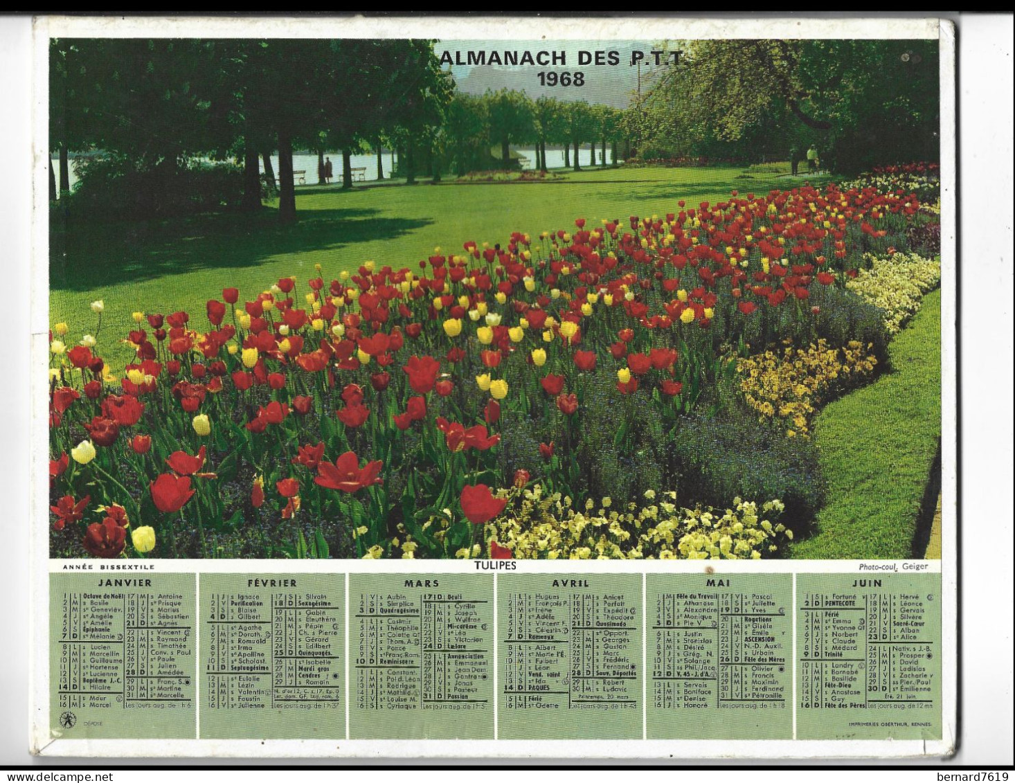 Almanach  Calendrier  P.T.T  -  La Poste -  1968 - Tulipes - Les 4 Viaducs - Mrez Jura - Formato Grande : 1961-70