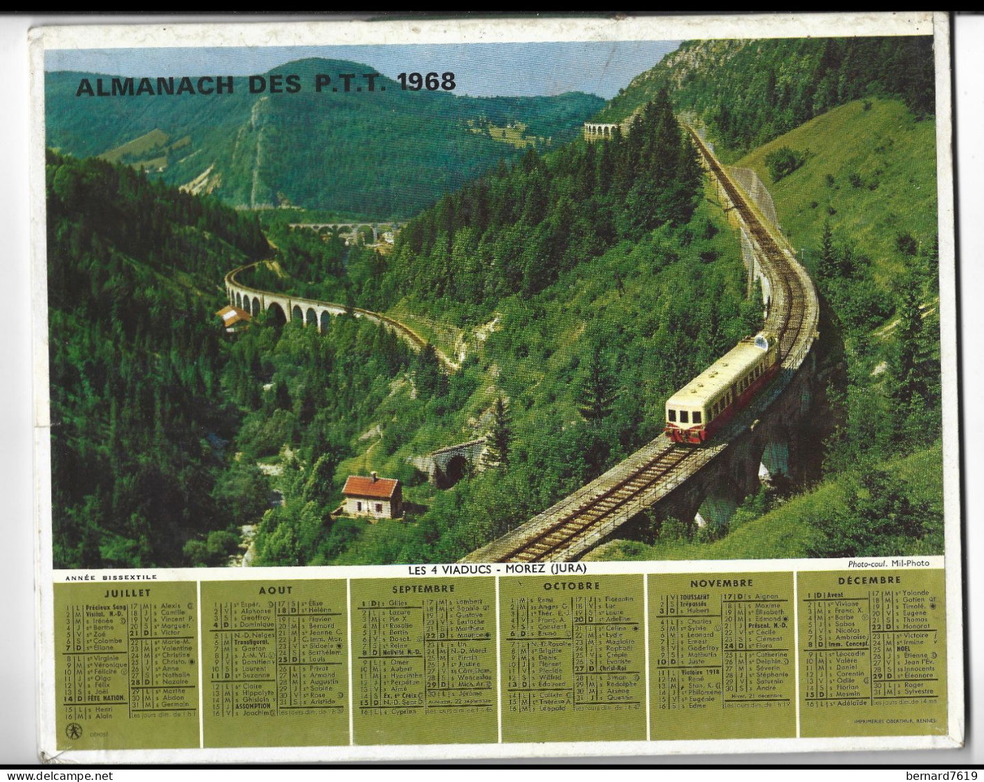 Almanach  Calendrier  P.T.T  -  La Poste -  1968 - Tulipes - Les 4 Viaducs - Mrez Jura - Formato Grande : 1961-70