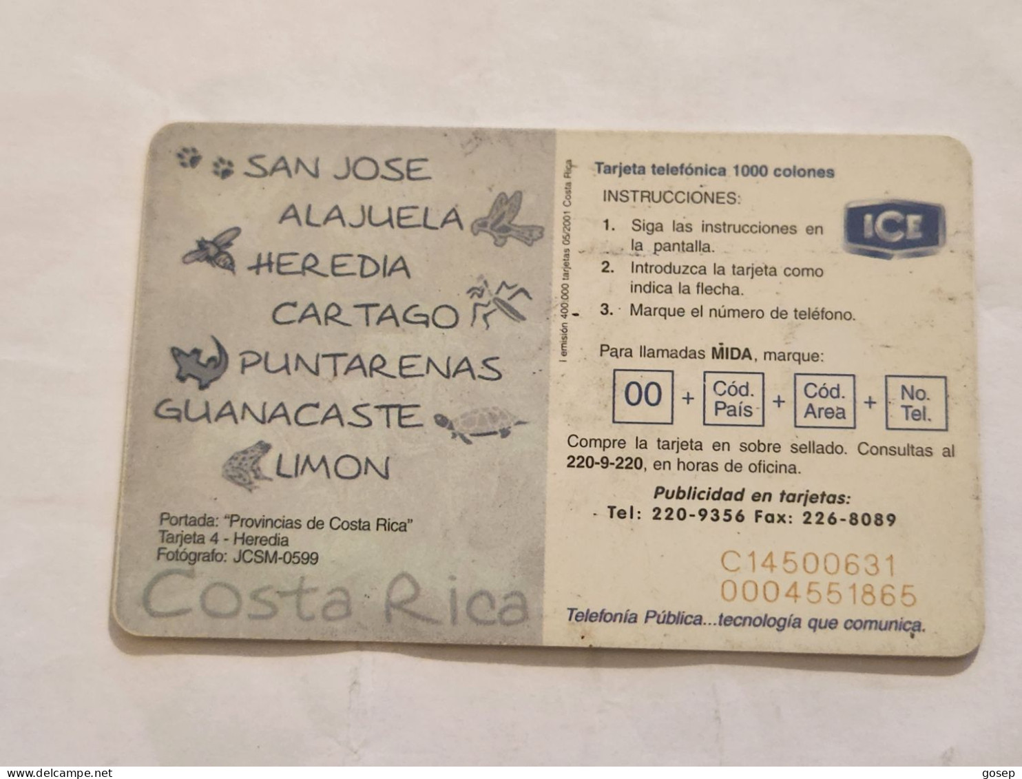 COSTA RICA-(CR-ICE-CHP-0055)-Heredia-(I Emisión)-(82)-(C145000631)(tirage-400.000)used Card+1card Prepiad - Costa Rica