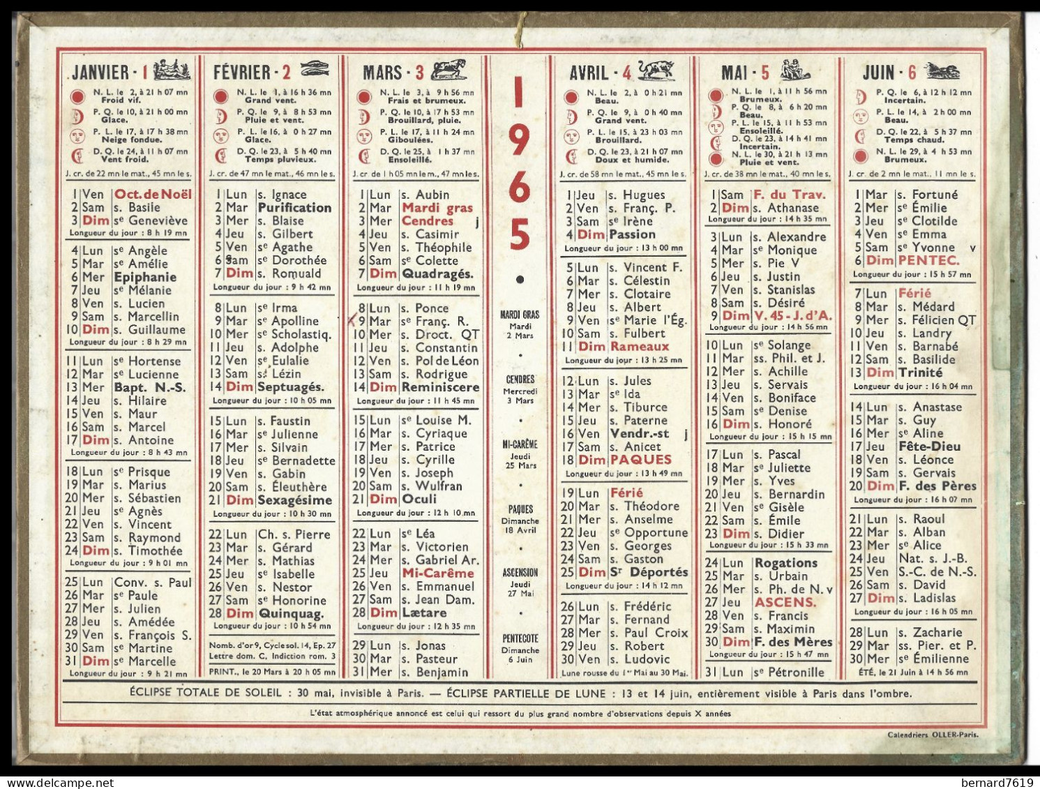 Almanach  Calendrier  P.T.T  -  La Poste -  1965 - - Grand Format : 1961-70