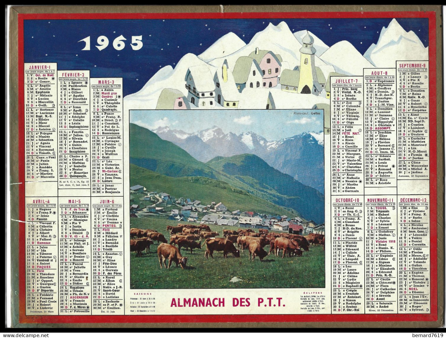 Almanach  Calendrier  P.T.T  -  La Poste -  1965 - Paysage   En Montagne - Tamaño Grande : 1961-70