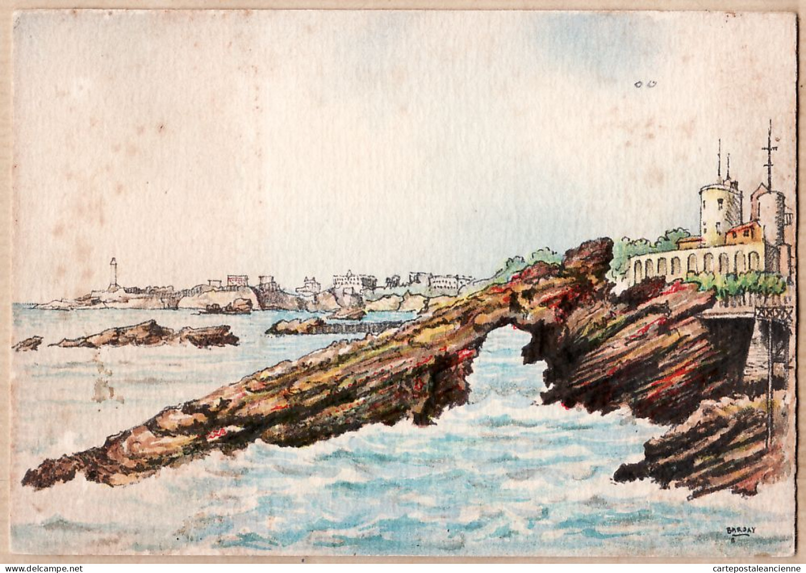 12501 ● Aquarelle BARDAY Lithographie BARRE-DAYEZ 2067 F-Sans N° Dépot-BIARRITZ La ROCHE PERCEE 1950s CPSM 15x10,5cm - Barday