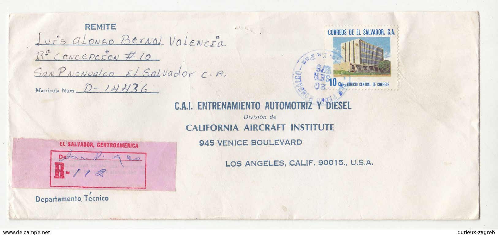 El Salvador Letter Cover Posted Registered 1976 To USA B240301 - Salvador