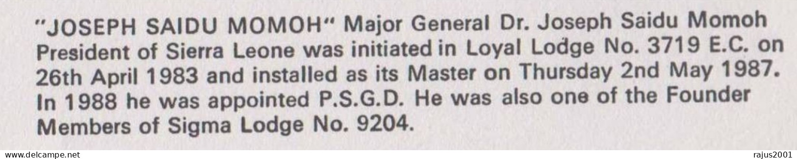 Joseph Saidu Momoh, Initiated Masonic Lodge In Liberia, Freemasonry, Limited ONLY 100 COVER ISSUED Masonic Cover 1989 - Massoneria