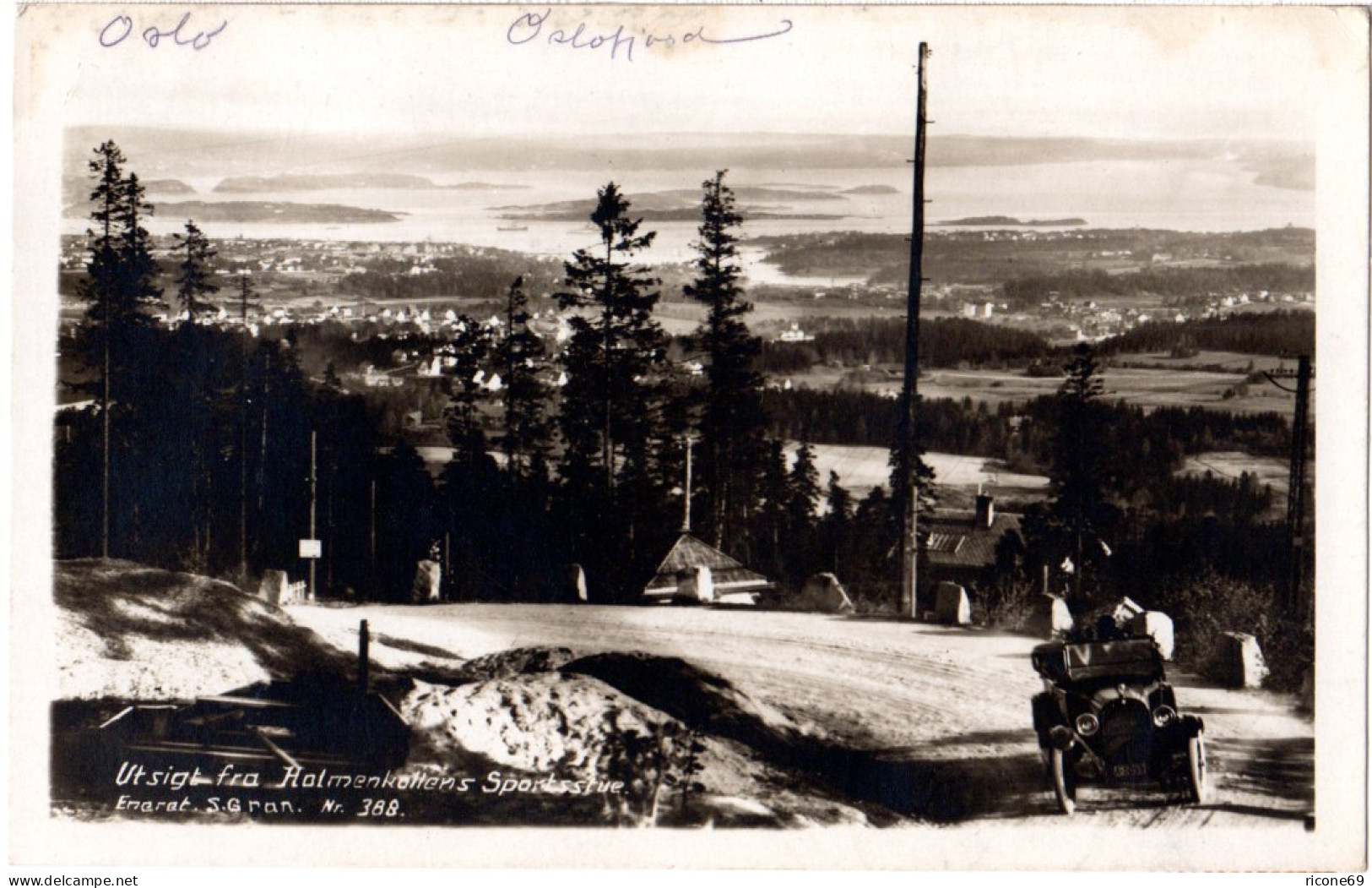 Norwegen, Utsigt Fra Holmenkollens Sportsstue M. Oldtimer Auto, 1932 Gebr. Sw-AK - Storia Postale