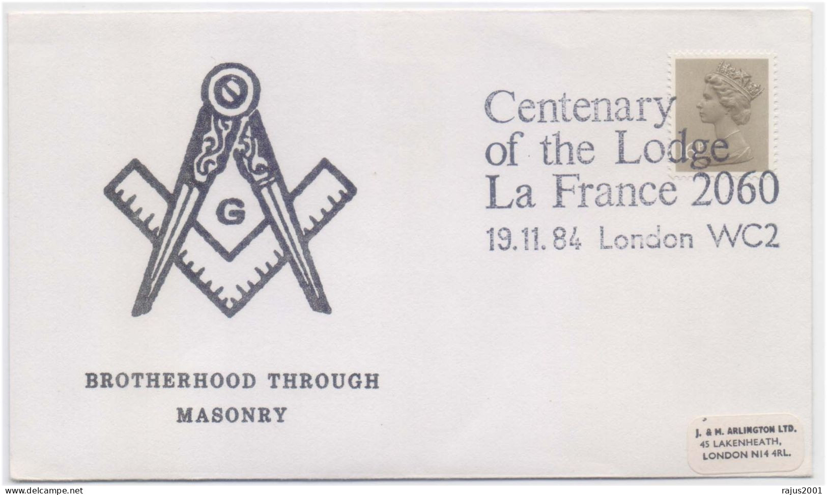 Centenary Of The Lodge Of France 2060, Brotherhood Through Masonry, Freemasonry, Masonic Britain FDC - Vrijmetselarij