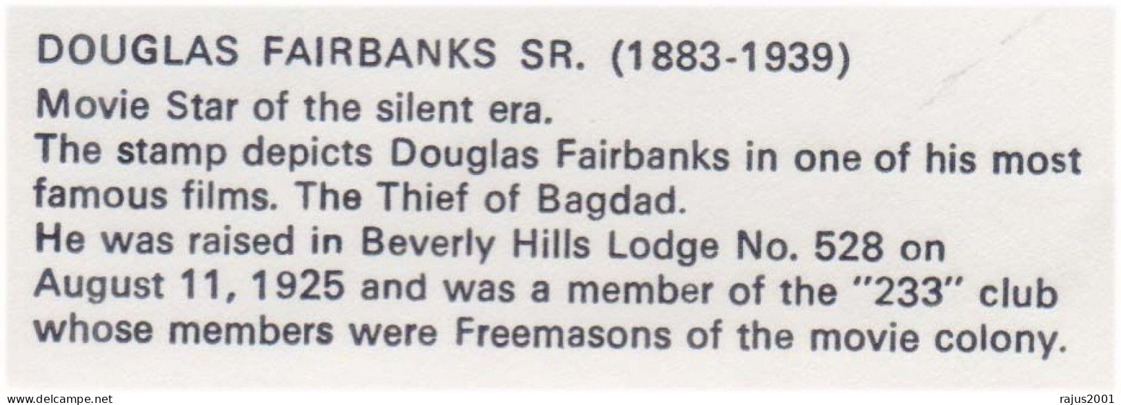 Douglas Fairbanks, Beverly Hills Lodge No. 528, Famous Movie Film THE THIEF OF BAGDAD, Freemasonry Masonic Cover Guyana - Massoneria