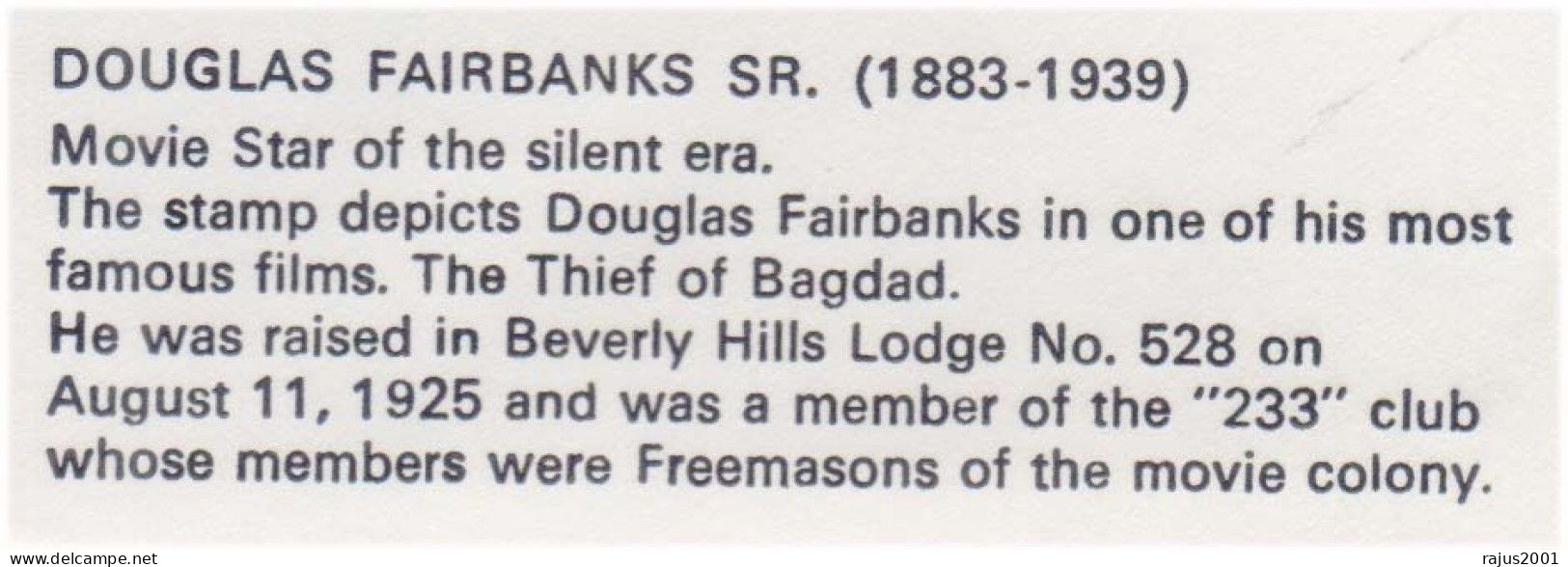 Douglas Fairbanks, Beverly Hills Lodge No. 528, Famous Movie Film THE THIEF OF BAGDAD, Freemasonry Masonic Cover Guyana - Francmasonería