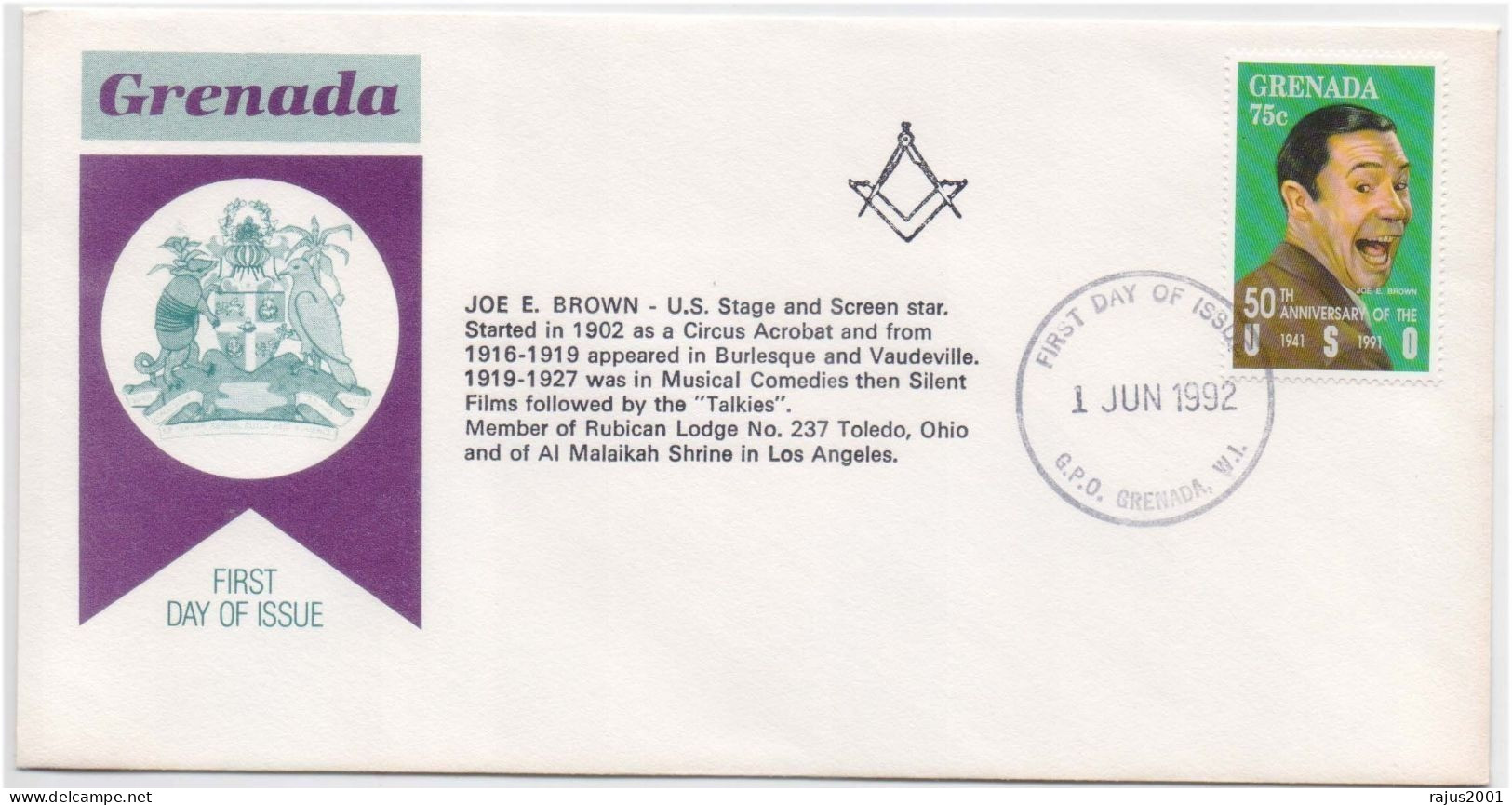 JOE E. BROWN Screen Star, Musical Comedian, Rubican Lodge No. 237, Movie, Film, Freemasonry Masonic Cover FDC - Vrijmetselarij