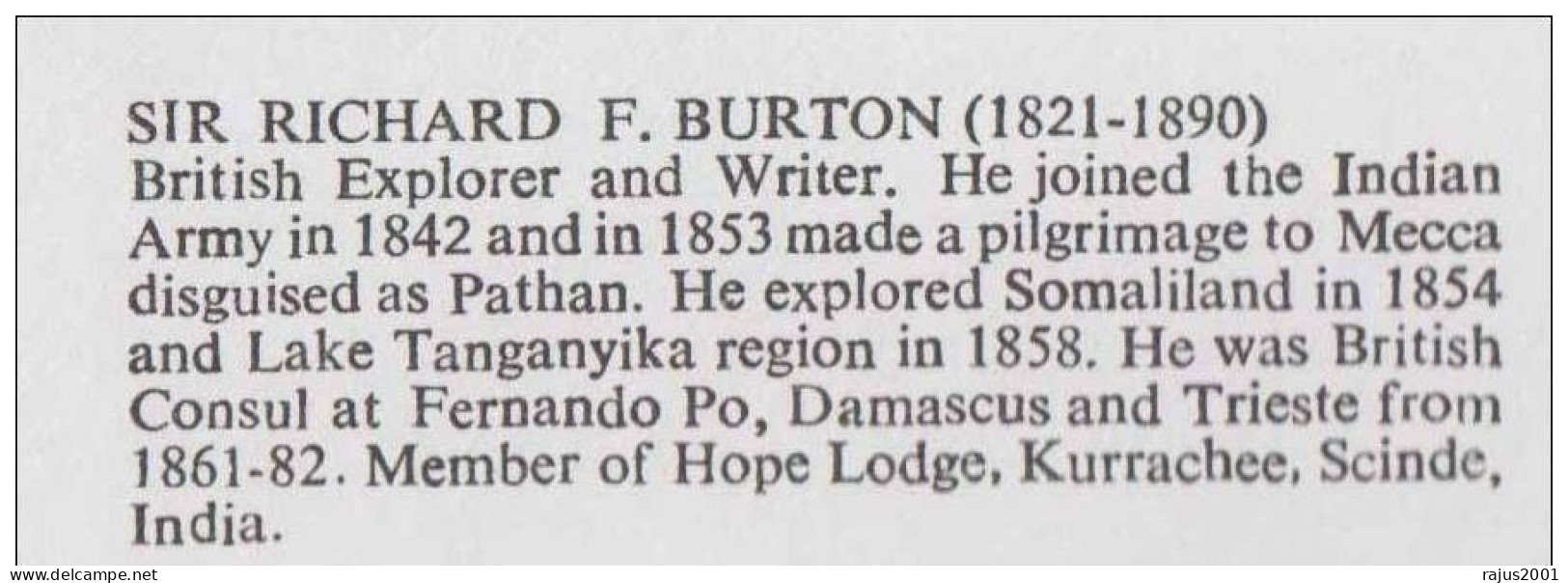 Richard F Burton Explorer Made Pilgrimage To Mecca Disguise As Pathan, Member Of Hope Lodge Kurrachee / Karachi, Masonic - Freemasonry