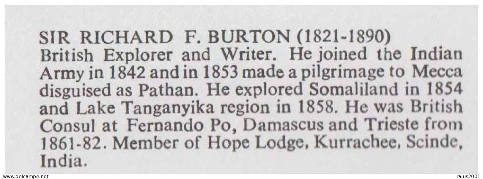 Richard F Burton Explorer Made Pilgrimage To Mecca Disguise As Pathan, Member Of Hope Lodge Kurrachee / Karachi, Masonic - Vrijmetselarij
