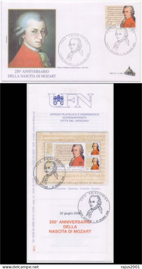 Mozart Member Of Masonic Lodge Zur Wohltätigkeit, Freemasonry Composer, Music Language, Cancelled FOLDER + FDC Combo - Francmasonería