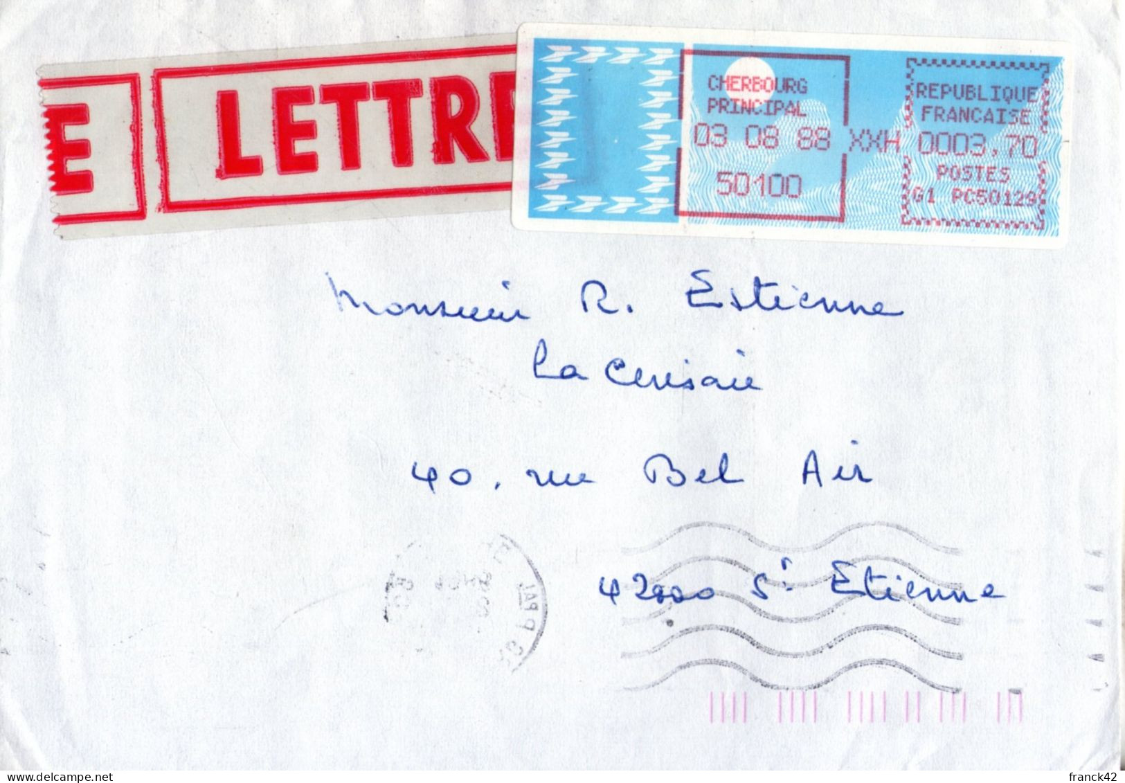 France. Enveloppe. Vignette De Distributeur. 3/08/88. Languette De Dos Découpée - 1985 « Carrier » Papier