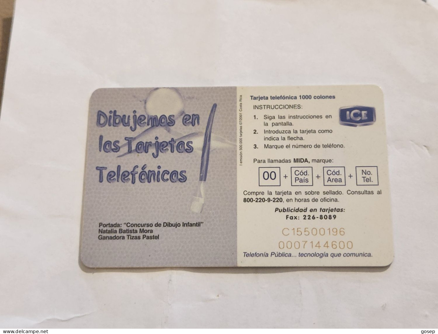 COSTA RICA-(CR-ICE-CHP-0060)-Natalia Batista Mora-(91)-(C15500196)(tirage-500.000)used Card+1card Prepiad - Costa Rica