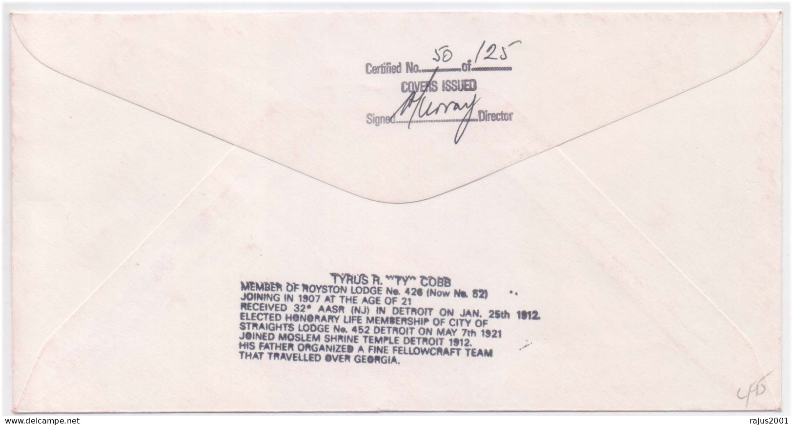 TYRUS R.TY COBB, MEMBER OF ROYSTON LODGE NO. 426, Baseball, Freemasonry Masonic, Only 125 Cover Issued Very Limited - Vrijmetselarij