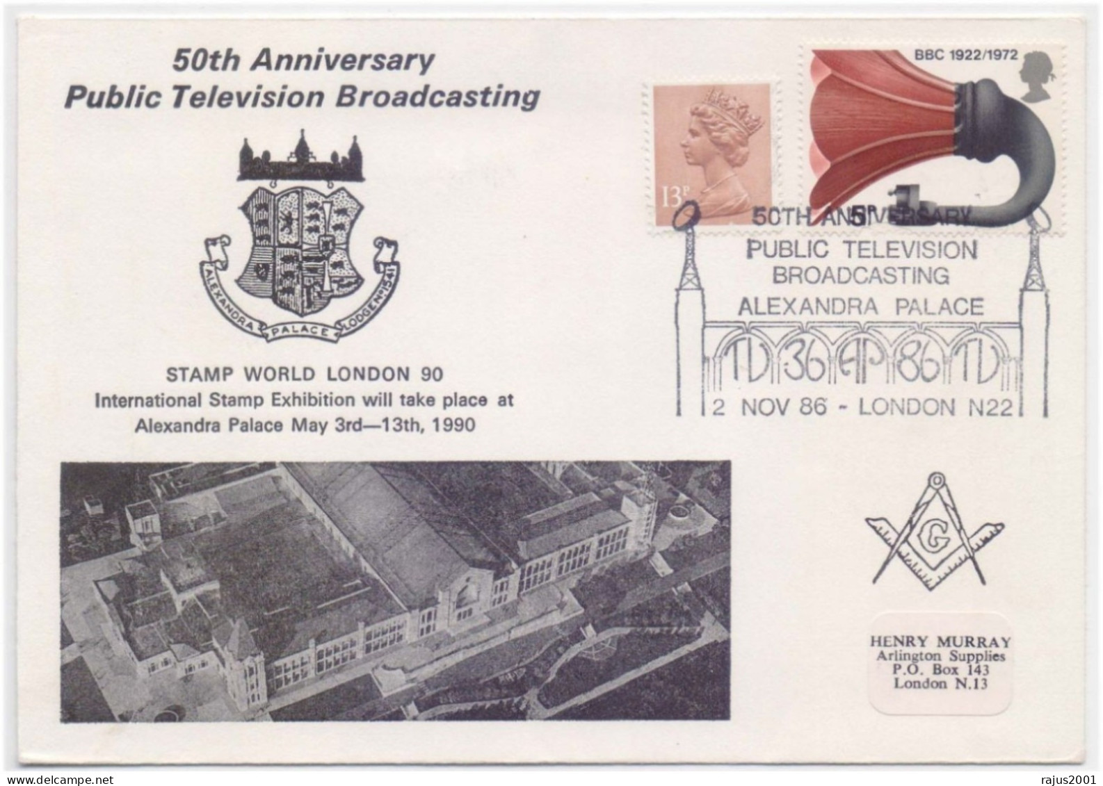 Alexandra Palace Lodge No. 1541, Television Broadcasting Anniversary, Masonic, Freemasonry Britain Cover - Massoneria