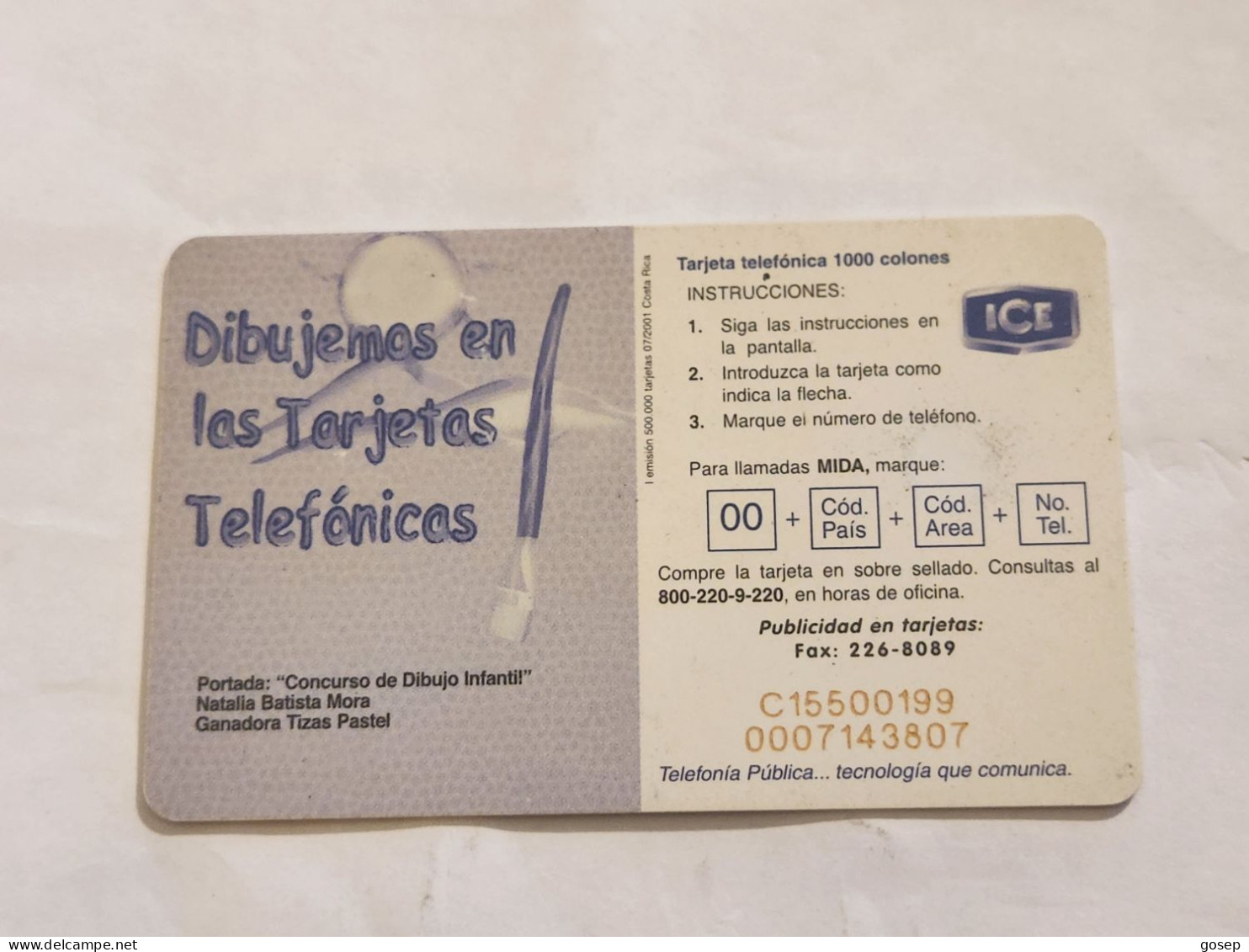 COSTA RICA-(CR-ICE-CHP-0060)-Natalia Batista Mora-(93)-(C15500199)(tirage-500.000)used Card+1card Prepiad - Costa Rica