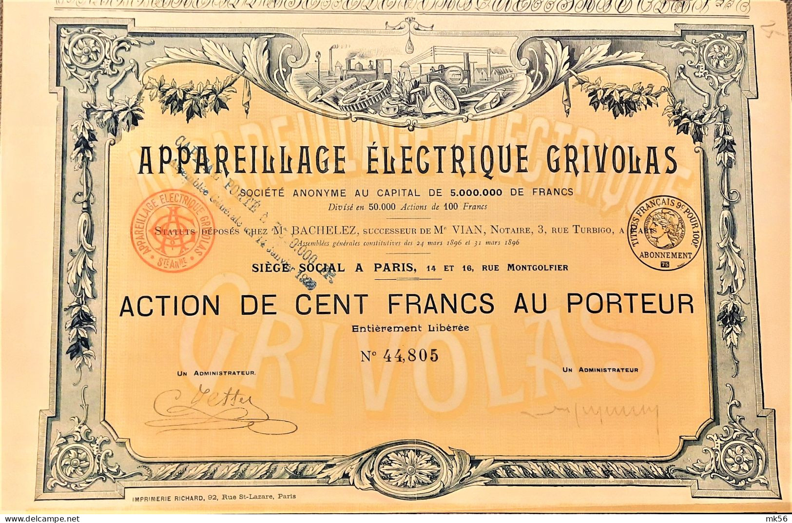 S.A. L'appareillage Electrique Grivolas  - Action De 100 Francs Au Porteur  (1896) - Elettricità & Gas