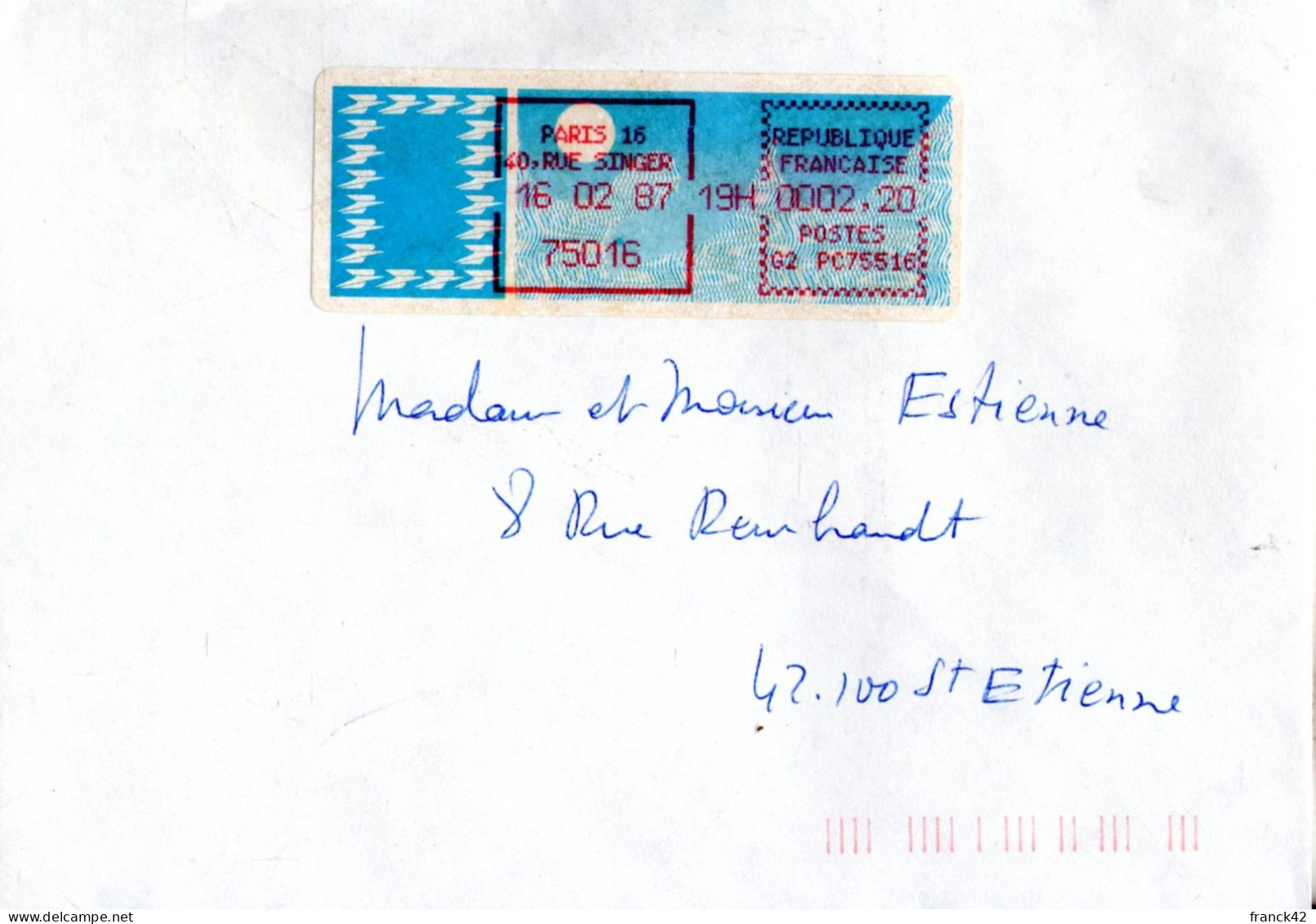 France. Enveloppe. Vignette De Distributeur. 16/02/1987 - 1985 Carta « Carrier »