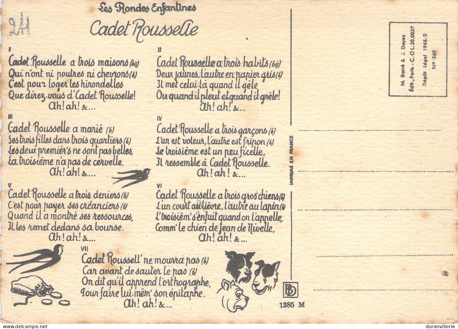 - Les Rondes Enfantines - Barré & Dayez (Jack) - Cadet Rousselle. Avec Au Dos Le Texte De La Chanson.  1945 - Fairy Tales, Popular Stories & Legends