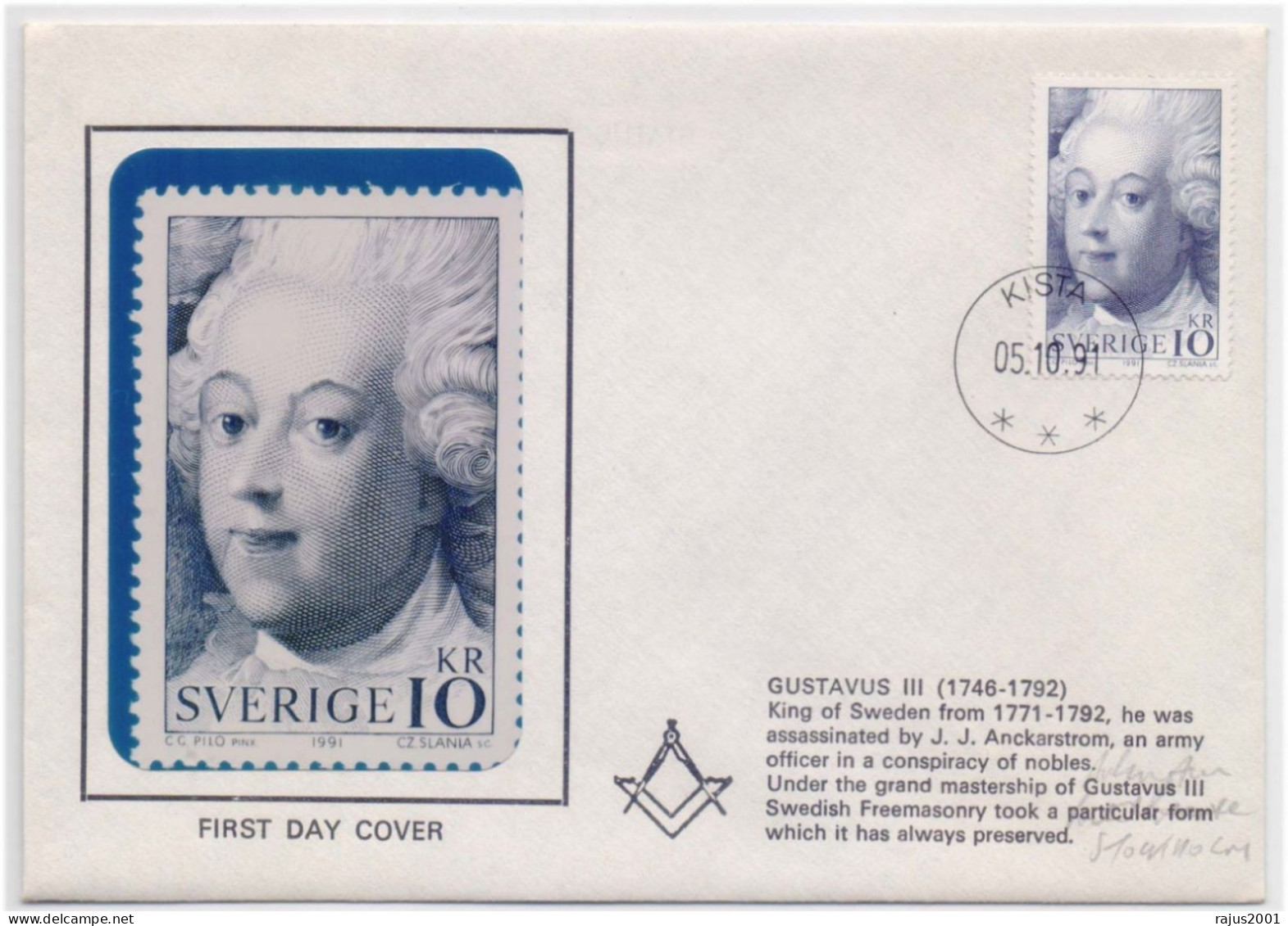 GUSTAVUS III King Of Sweden, Assassinated By J.J. Anckarstrom, Grand Mastership Of GUSTAVUS, Freemasonry Masonic FDC - Vrijmetselarij