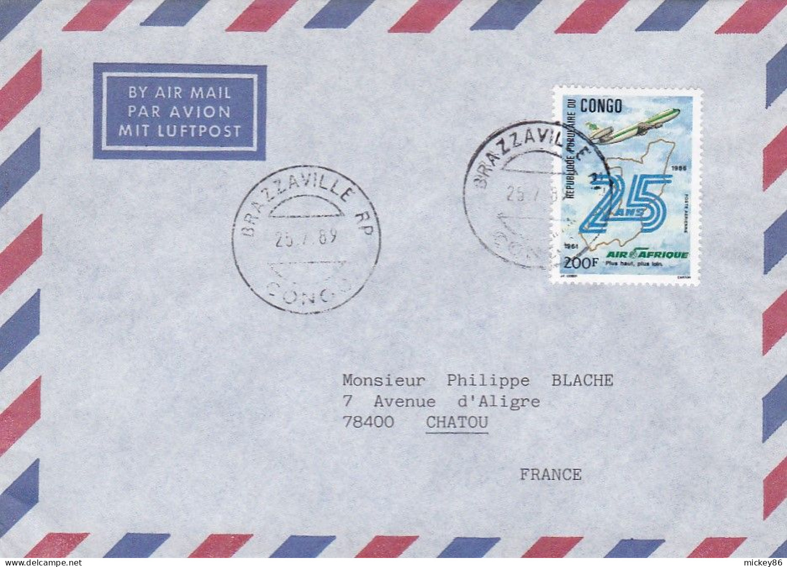 CONGO -1989--Lettre BRAZZAVILLE Pour CHATOU -78 (France) Timbre  25ans Air Afrique (avion) Seul Sur Lettre - Otros & Sin Clasificación