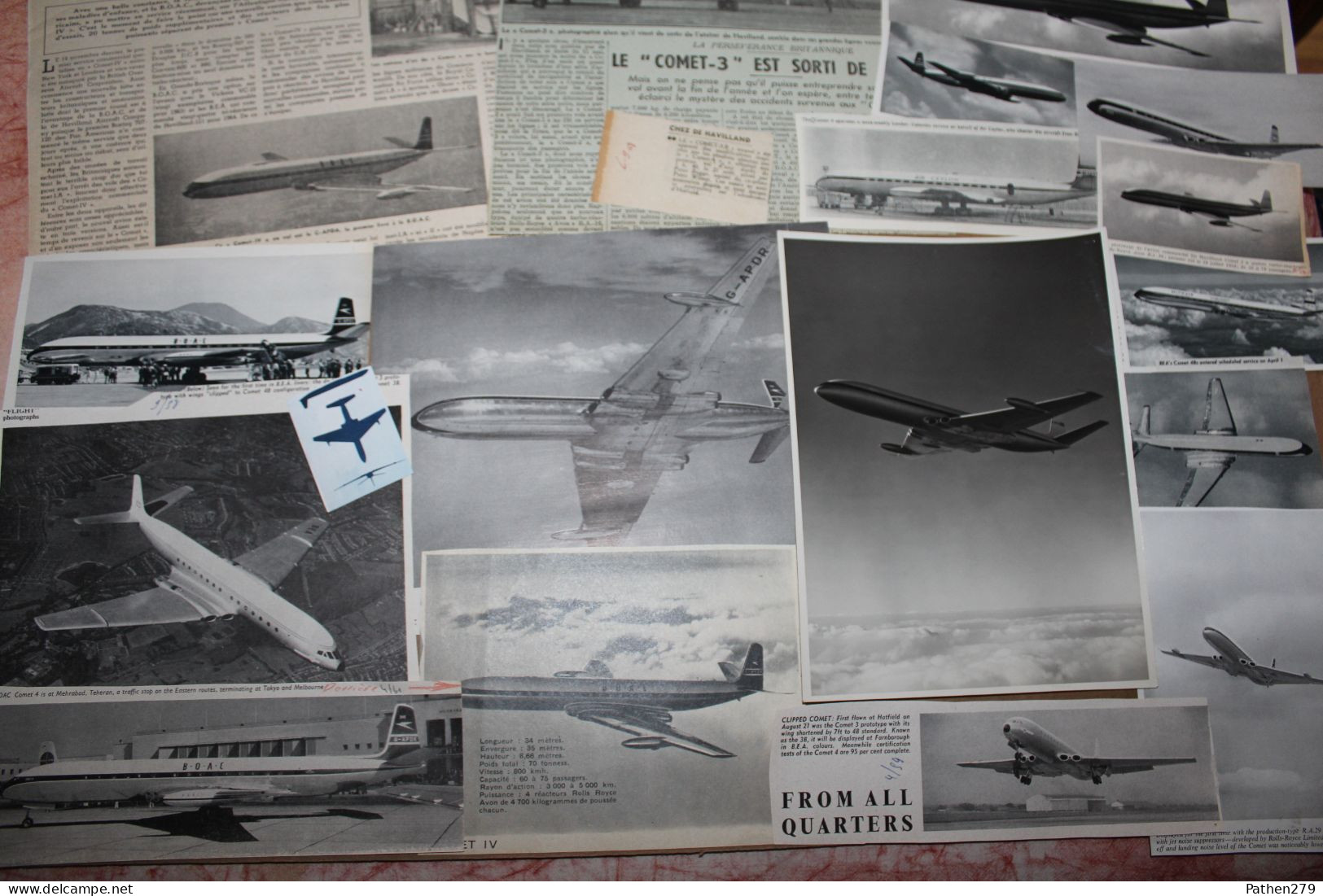 Lot De 500g D'anciennes Coupures De Presse Et Photos Des Aéronefs Britanniques De Havilland  Comet 3 Et 4 - Aviazione