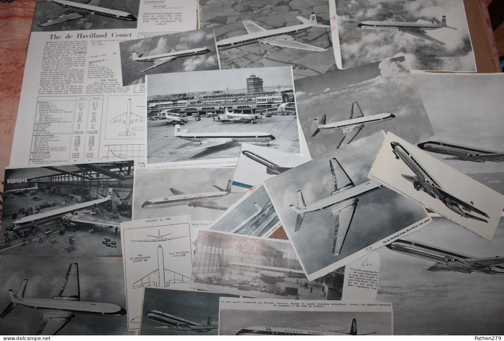 Lot de 500g d'anciennes coupures de presse et photos des aéronefs britanniques De Havilland  Comet 3 et 4