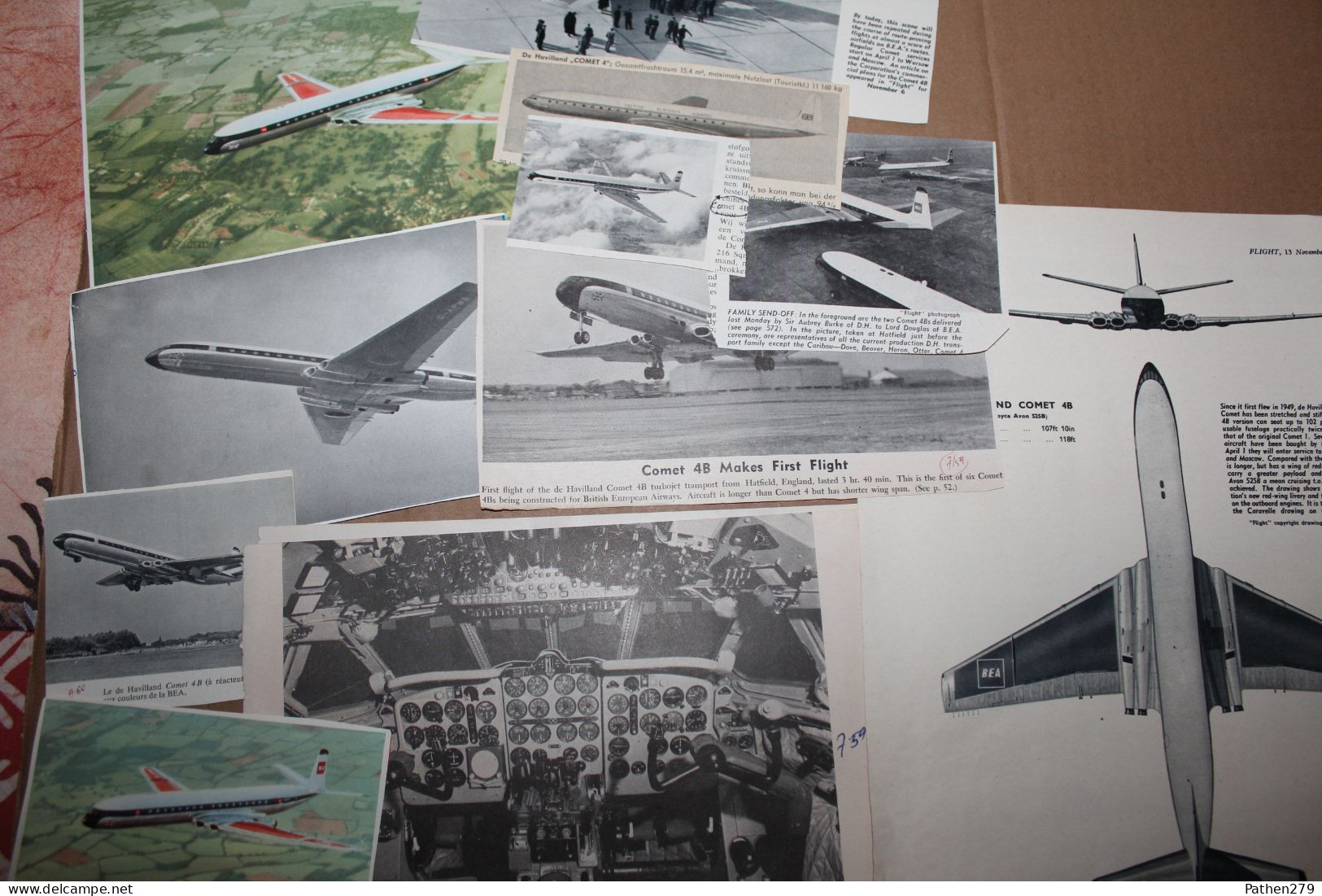 Lot de 500g d'anciennes coupures de presse et photos des aéronefs britanniques De Havilland  Comet 3 et 4