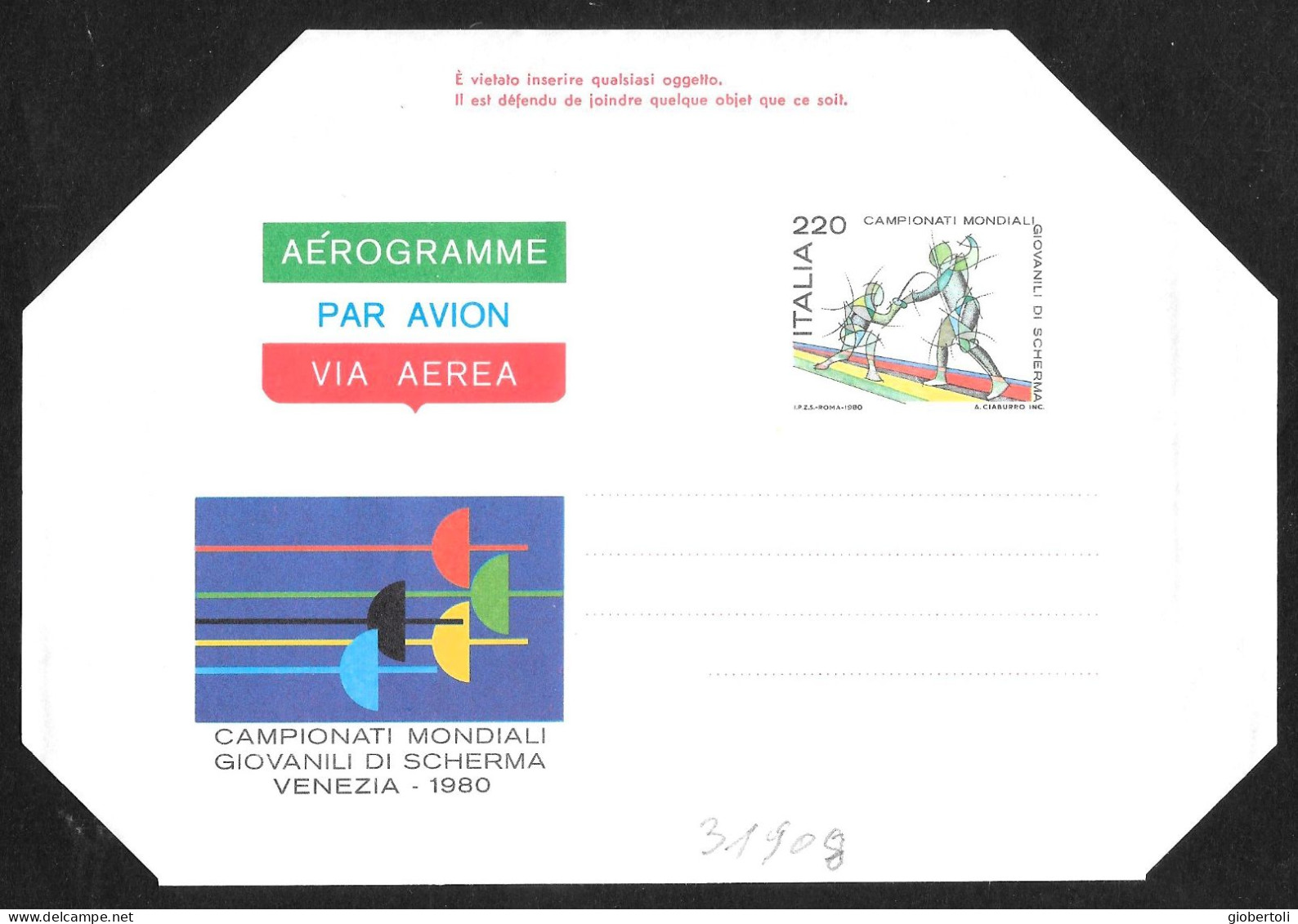 Italia/Italy/Italie: Intero, Stationery, Entier, Mondiali Di Scherma, Fencing World Championships, Championnats Du Monde - Fencing