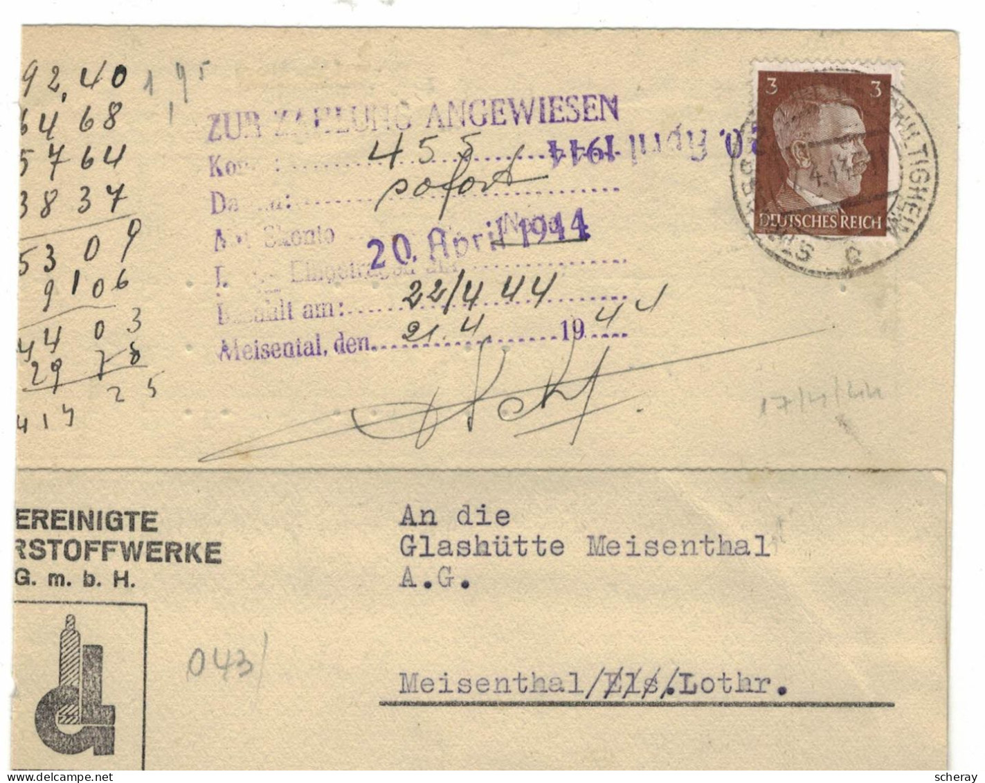 FACTURE SAUERSTOFFWERKE  (ACTUEL OXYGENE LIQUIDE STRASBOURG) 15/4/44  LOT 043 SOUS OCCUPATION ALLEMANDE - Elektriciteit En Gas