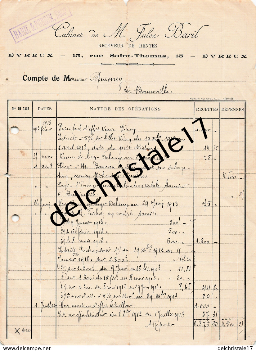 27 0051 EVREUX EURE 1913 Cabinet BARIL & PERRIN Succ Jules BARIL Receveur De Rentes Rue St Thomas à QUESNEY - Bank & Insurance