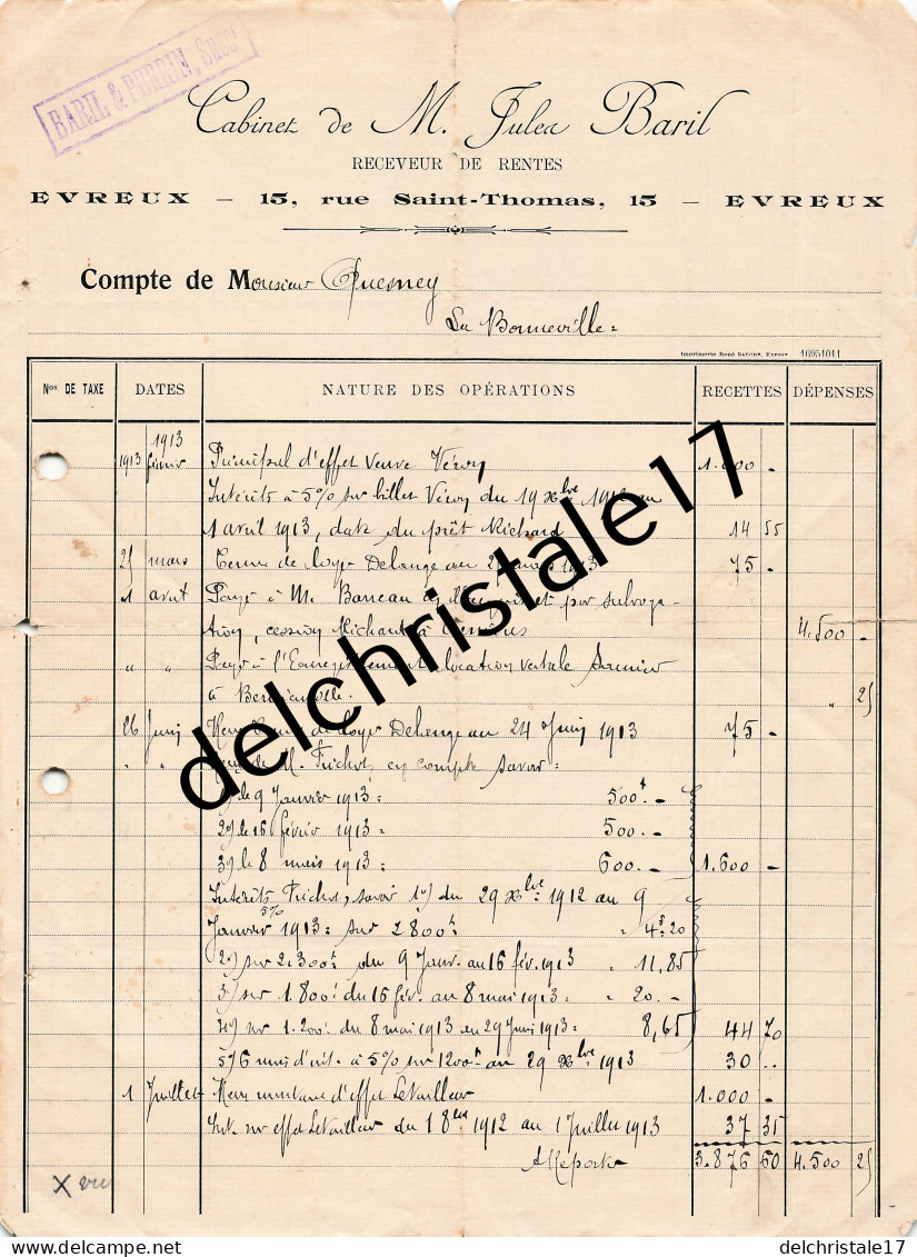 27 0051 EVREUX EURE 1913 Cabinet BARIL & PERRIN Succ Jules BARIL Receveur De Rentes Rue St Thomas à QUESNEY - Bank En Verzekering