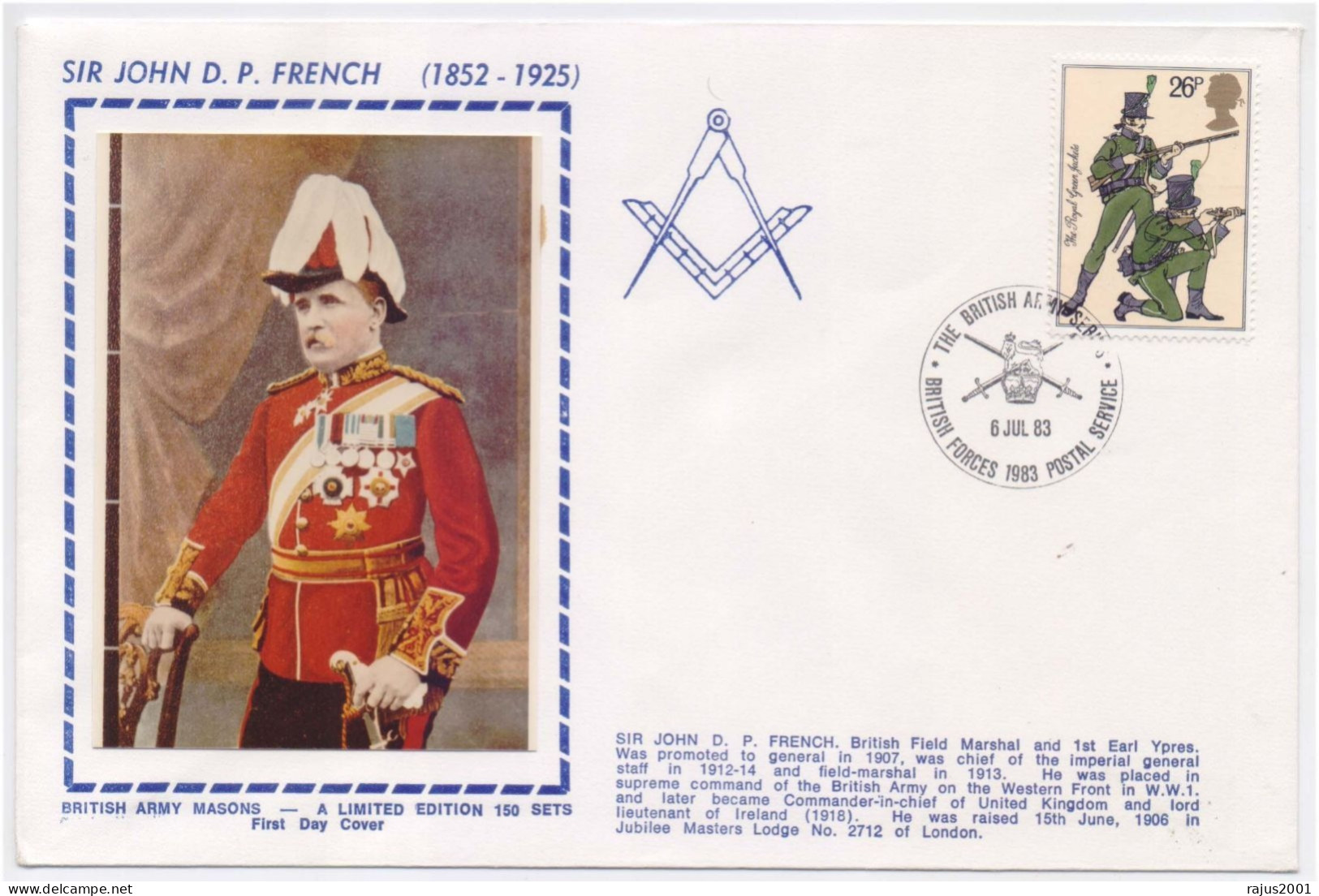 Sir John D.P. French Field Marshal, Masters Lodge No. 2712, British Army Mason, Masonic Freemasonry Limited Edition FDC - Massoneria