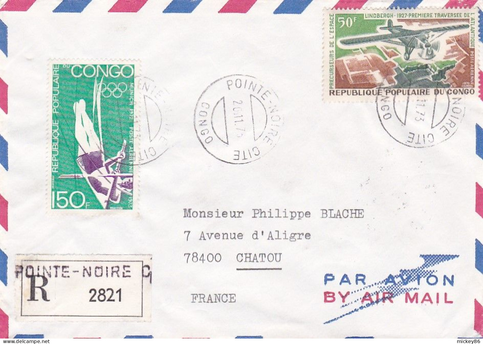 CONGO -1973--Lettre Recommandée  POINTE-NOIRE  Pour CHATOU -78 (France) Timbres  JO Munich, Avion   Sur Lettre - Other & Unclassified