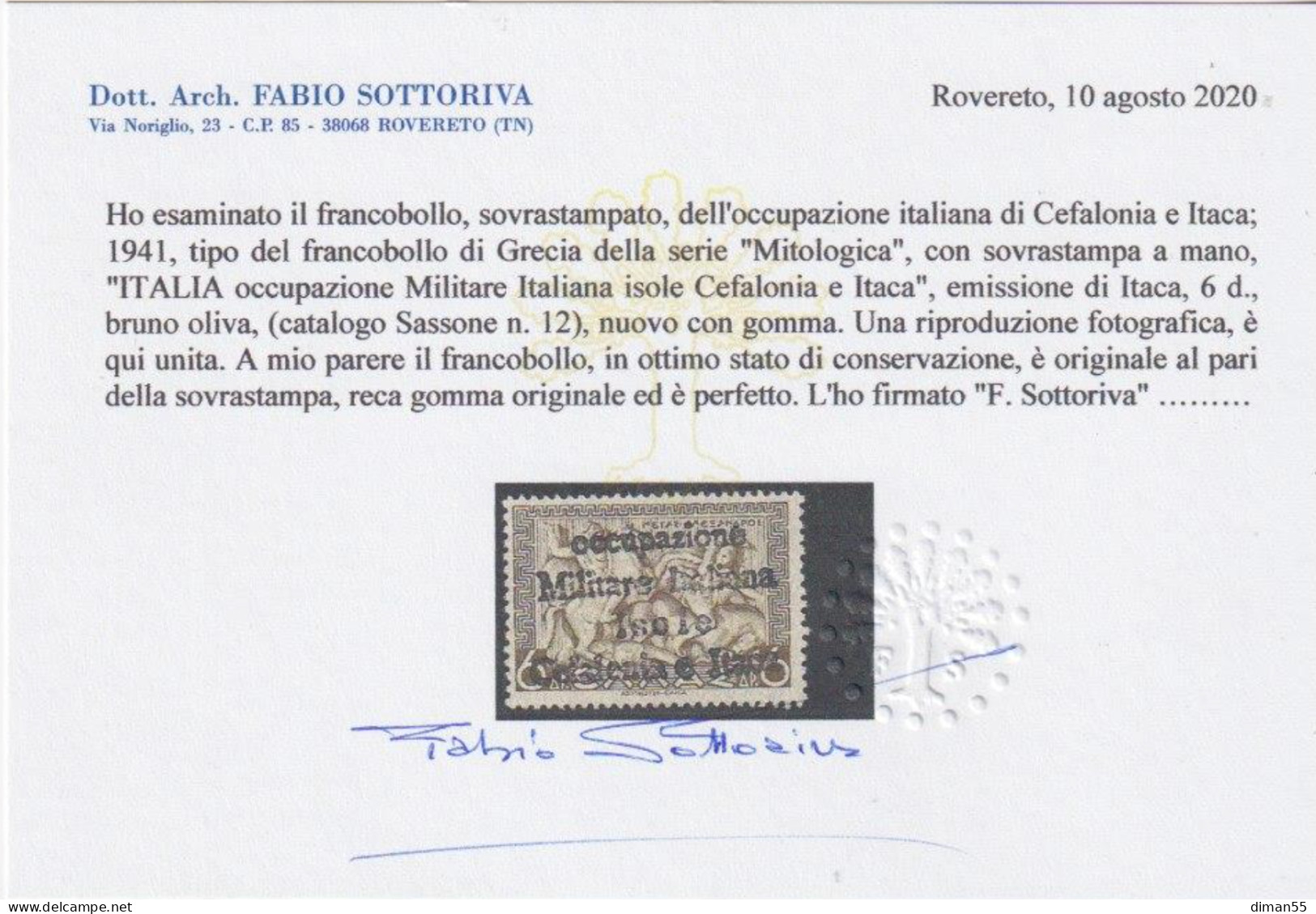 ITALY - CEFALONIA E ITACA - N.12  Soprastampa Di Itaca - Cv 3200 Euro - Certificato SOTTORIVA - Linguellato - MH* - Cefalonia & Itaca