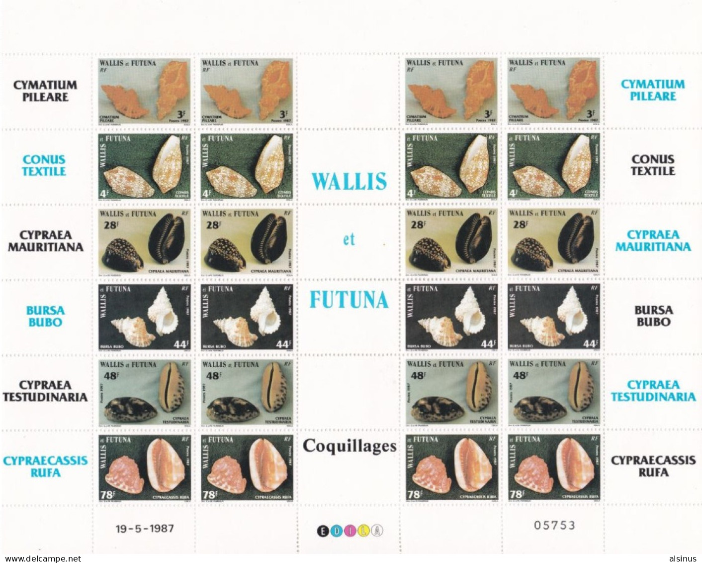 WALLIS ET FUTUNA - 1987 - N° YVERT. 360 à 365 -COQUILLAGES - FEUILLET NEUF - Ongebruikt