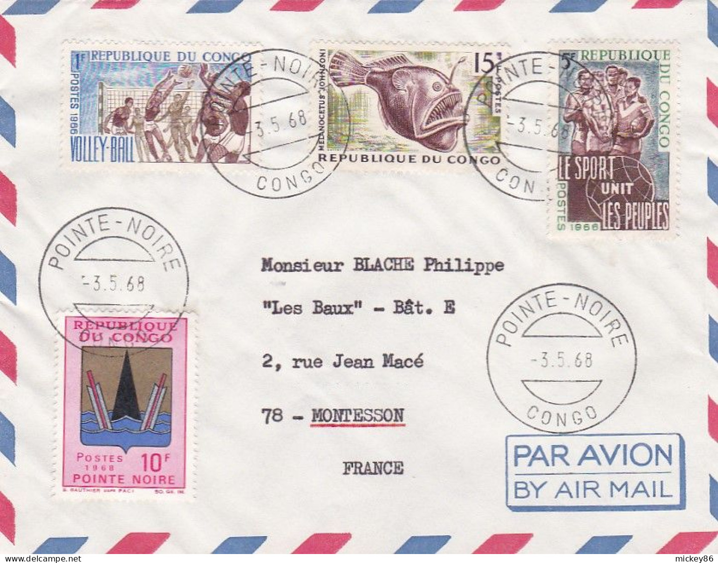 CONGO -1968--Lettre POINTE-NOIRE  Pour MONTESSON -78 (France) Timbres Divers  Sports,poisson,blason  Sur Lettre - Otros & Sin Clasificación
