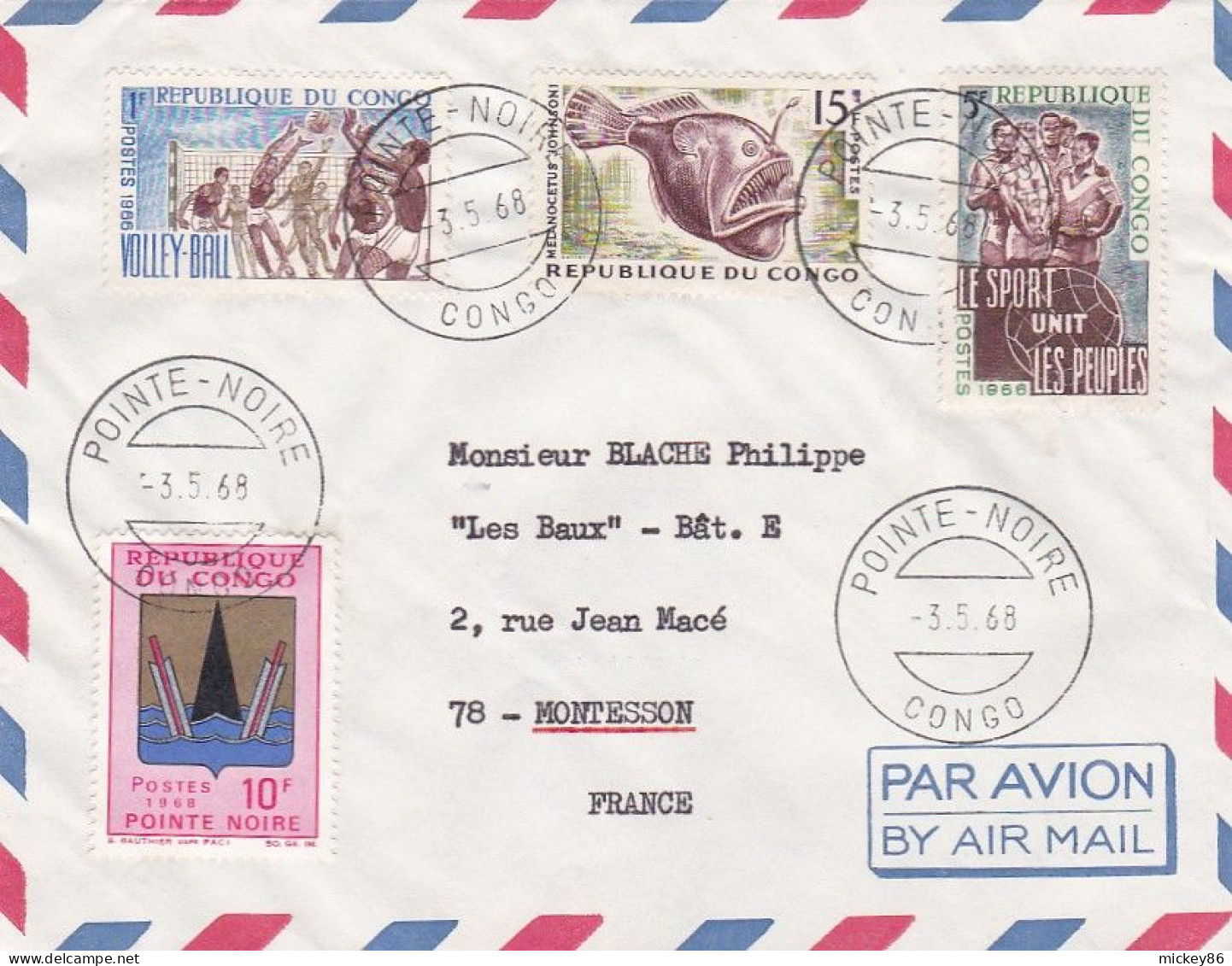 CONGO -1968--Lettre POINTE-NOIRE  Pour MONTESSON -78 (France) Timbres Divers  Sports,poisson,blason  Sur Lettre - Autres & Non Classés