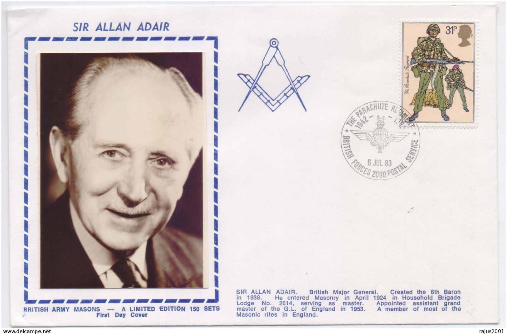 Allan Adair Major General Household Brigade Lodge No. 2614, British Army Mason, Masonic Freemasonry Limited Edition FDC - Franc-Maçonnerie