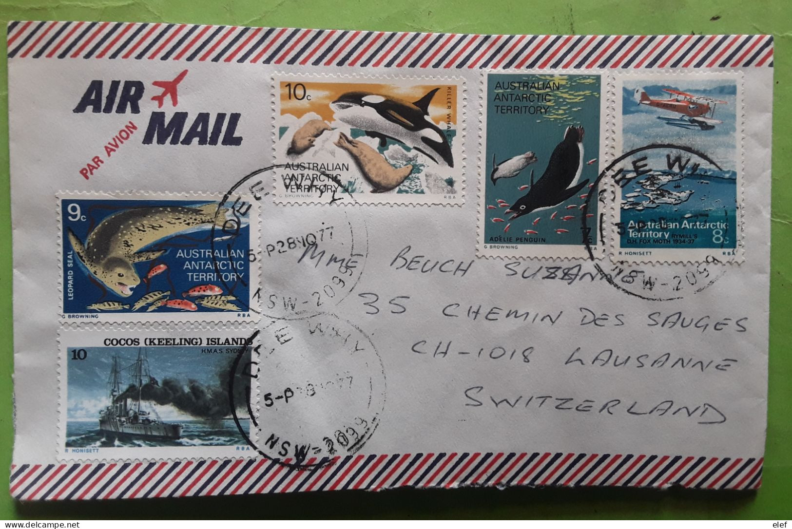 Australian Antarctic Territory DEE WHY Cover,Adelie Penguin,Killer Whale,Leopard Seal,Hydravion + COCOS ISLANDS,1977 - Storia Postale